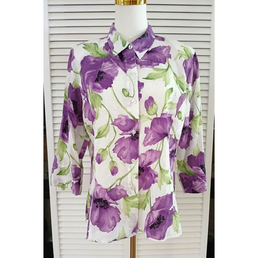 Sag Harbor 100% Cotton Floral Top Women's 16P Button Down Lightweight Boho Beach